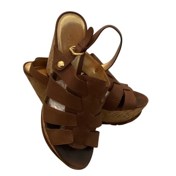 Michael Kors Womens Wedge Sandals US 10M 10 Brown Cork Gold Beachy Boho Preppy - Picture 3 of 15